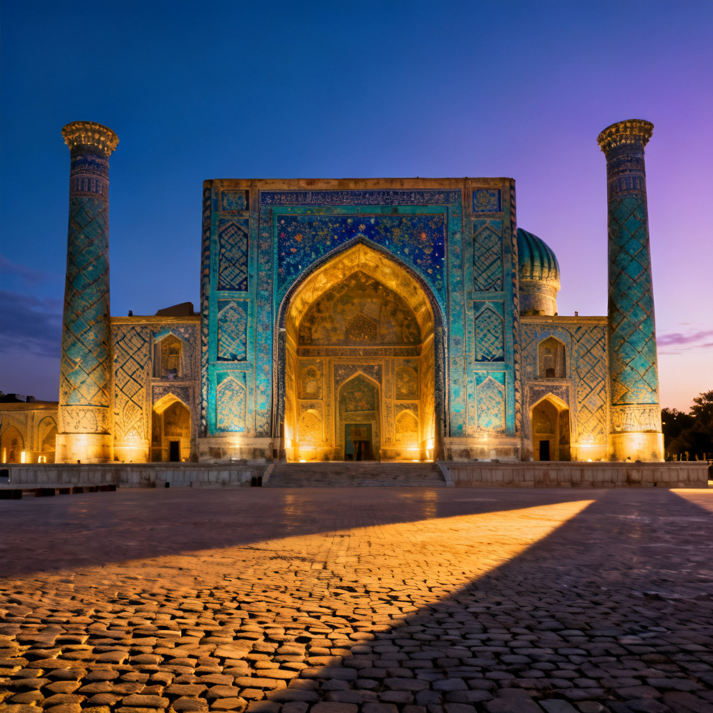 AI Samarkand Registan mosaic architecture at blue hour