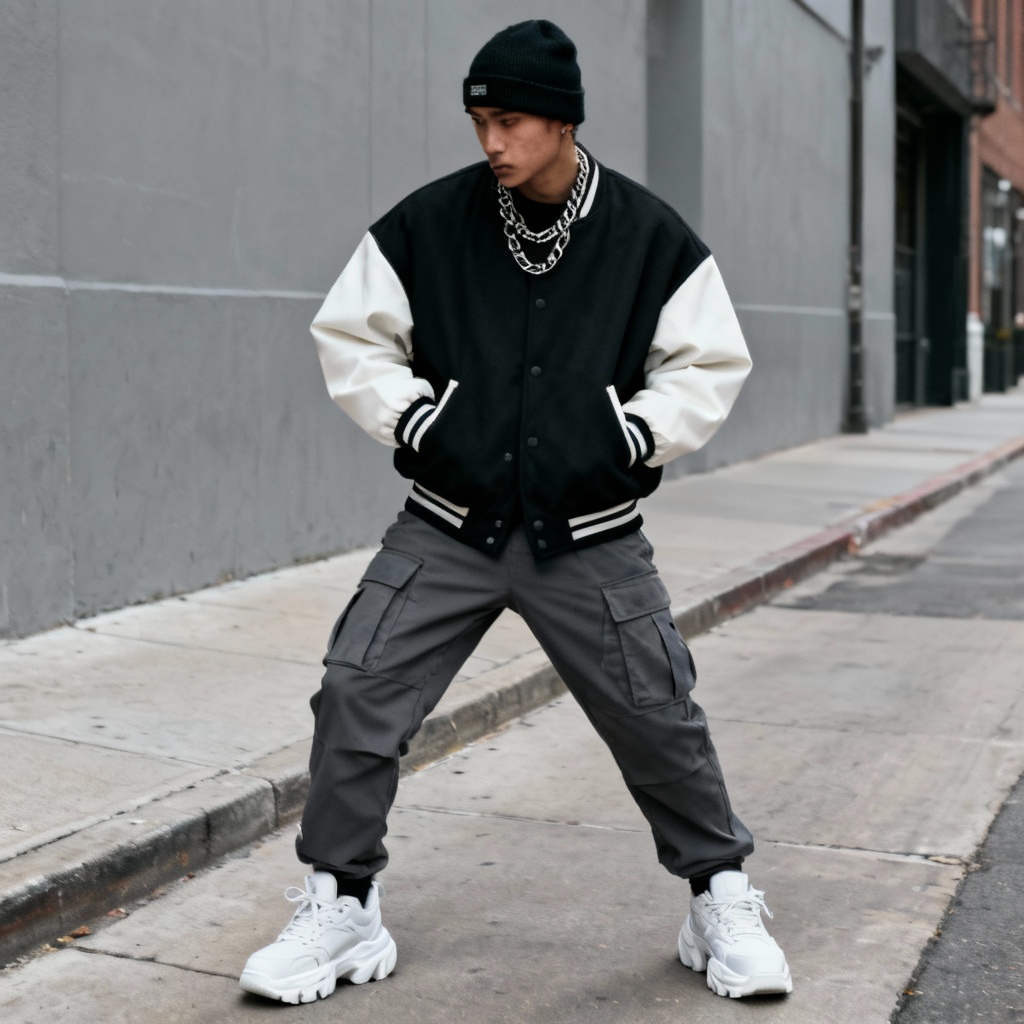 AI streetwear outfit with varsity jacket and cargo pants