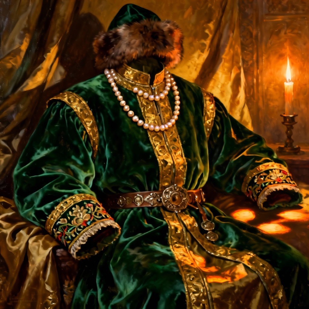 AI noble Russian boyar kaftan with brocade and pearls