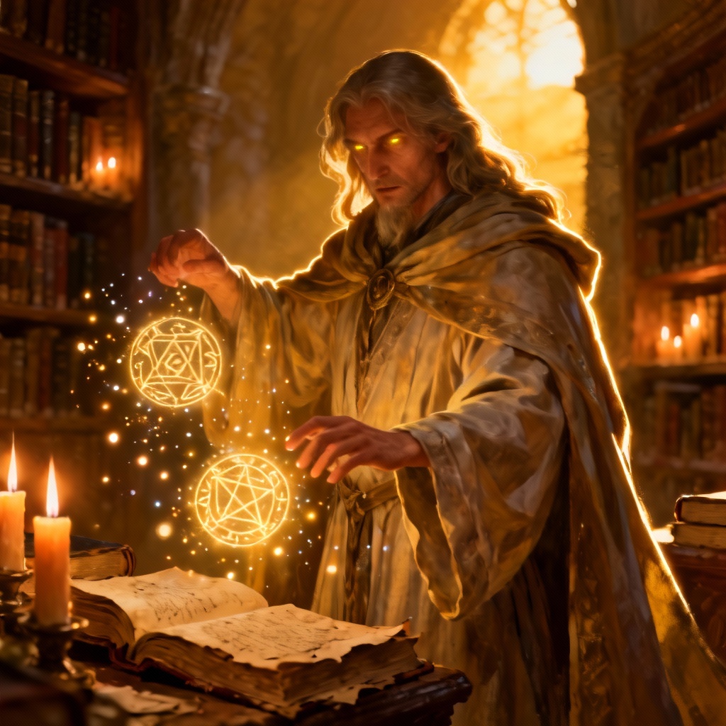 AI magician conjuring glowing runes in a library