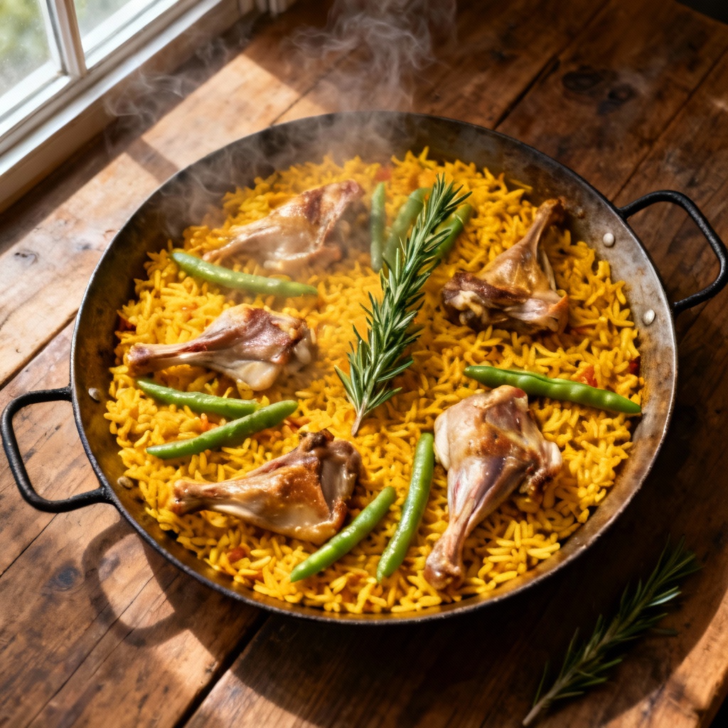 AI paella valenciana top-down food photograph