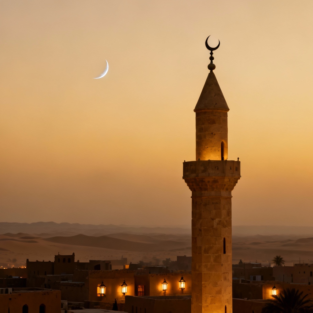 AI desert minaret spire at dusk