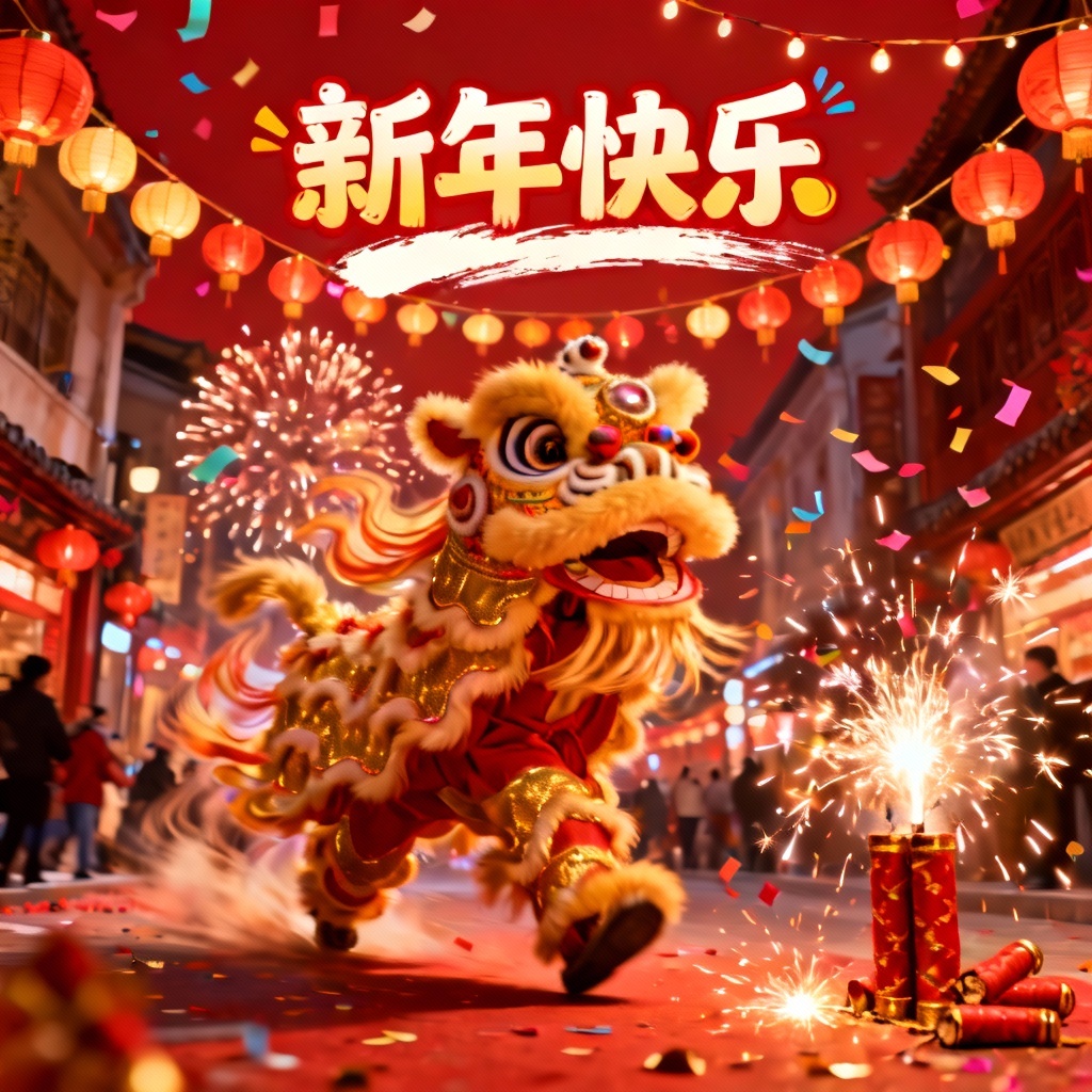 CNY lion dance card with firecrackers and confetti
