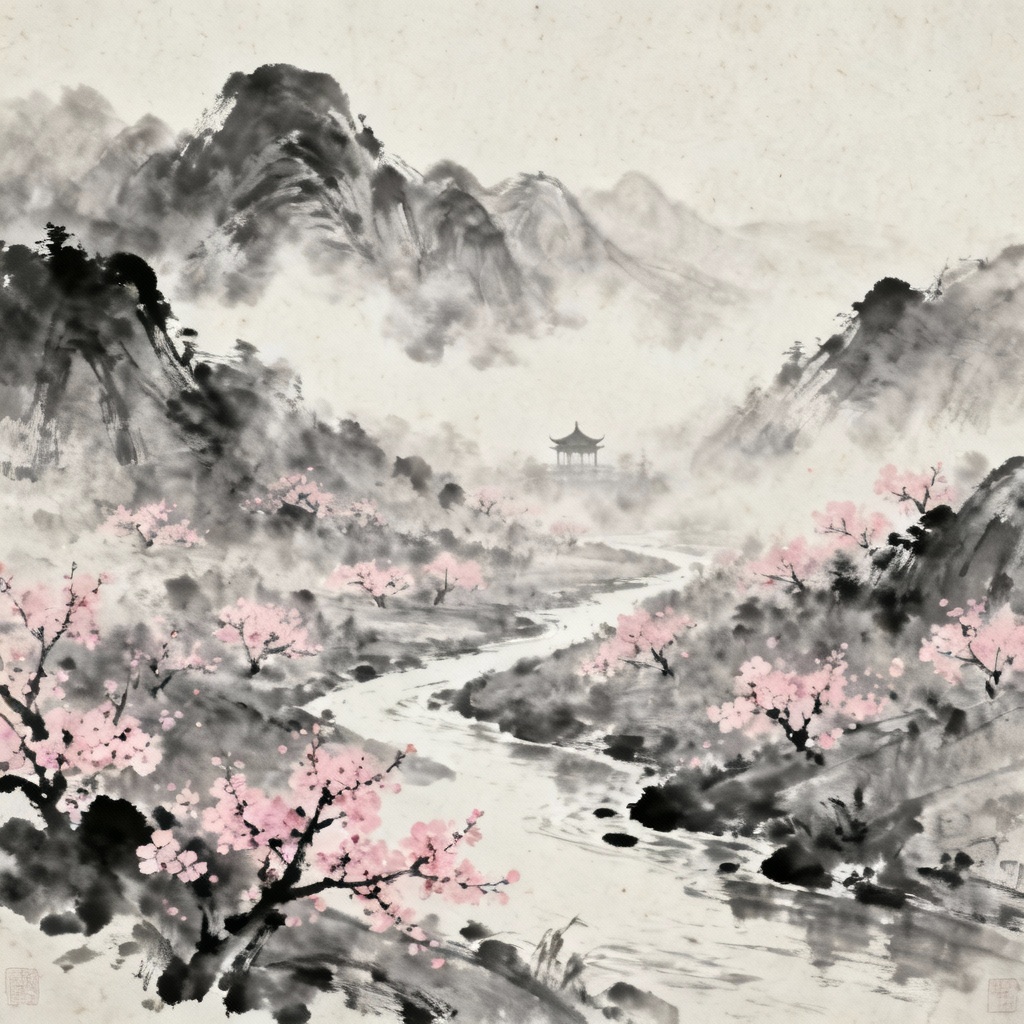 Ink wash landscape featuring a peach blossom valley