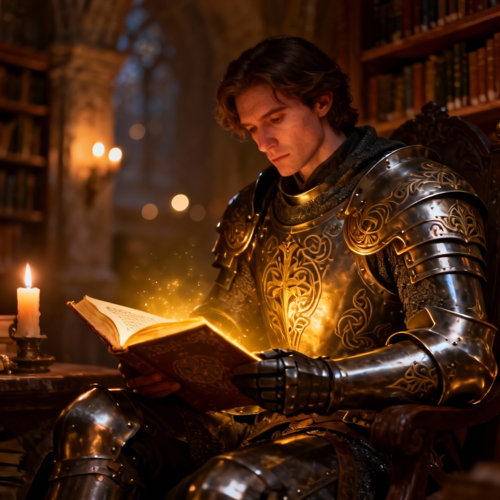 AI scholar knight reading a glowing holy codex