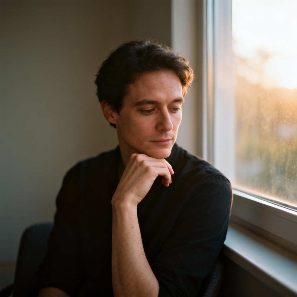 AI contemplative portrait of an adult seated by a window with soft light