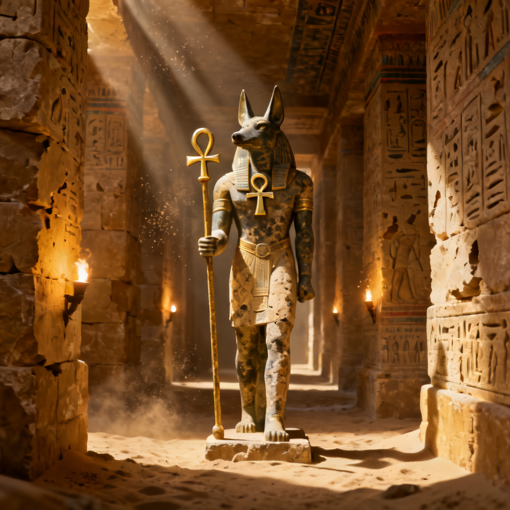 AI Anubis guardian in sandstone temple