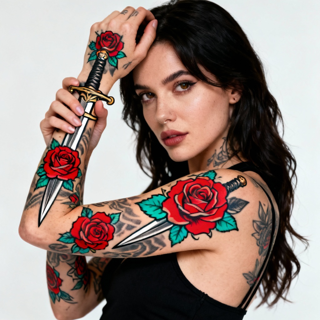 AI Tattoo Girl Neo-Traditional Rose Sleeve