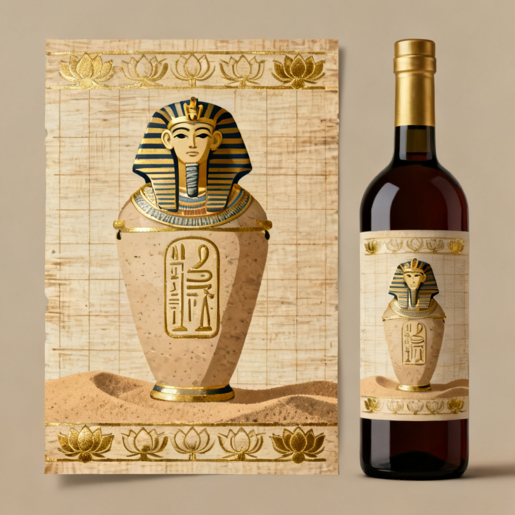 AI Egyptian hieroglyph wine label