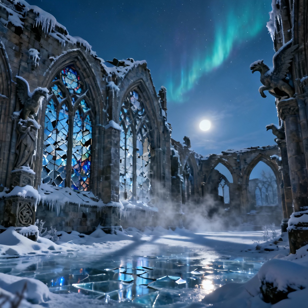 AI frozen gothic cathedral ruins