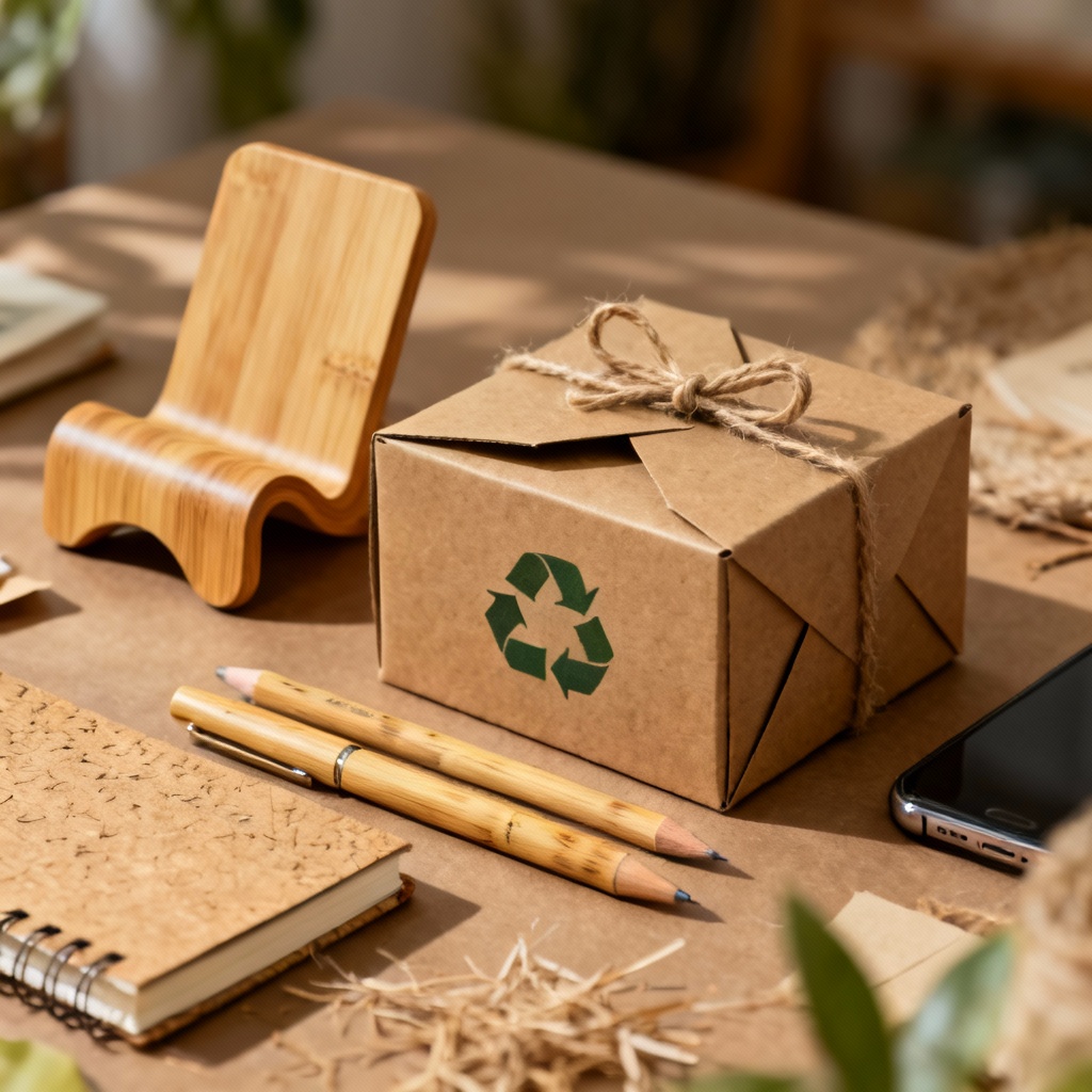 Eco-friendly bamboo office kit with recycled paper packaging