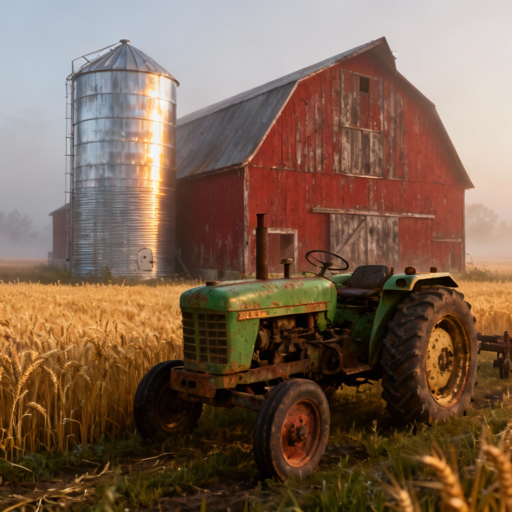 AI photorealistic farm with red barn, tractor, and wheat at sunrise