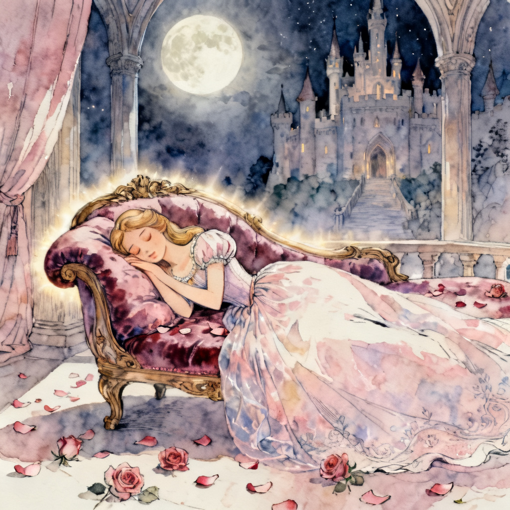 AI Sleeping Beauty illustration of princess asleep in a moonlit castle room