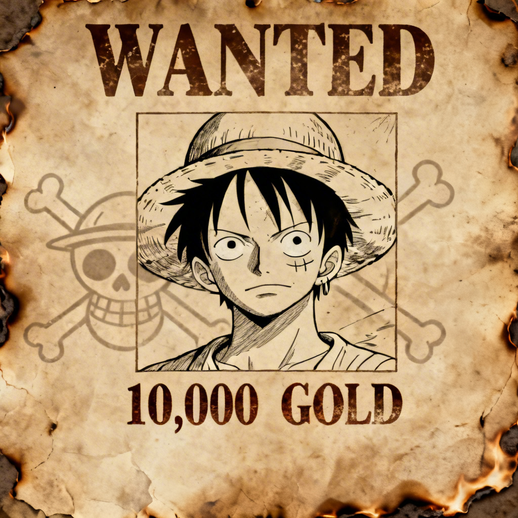 AI One Piece wanted poster with vintage paper and bold bounty text