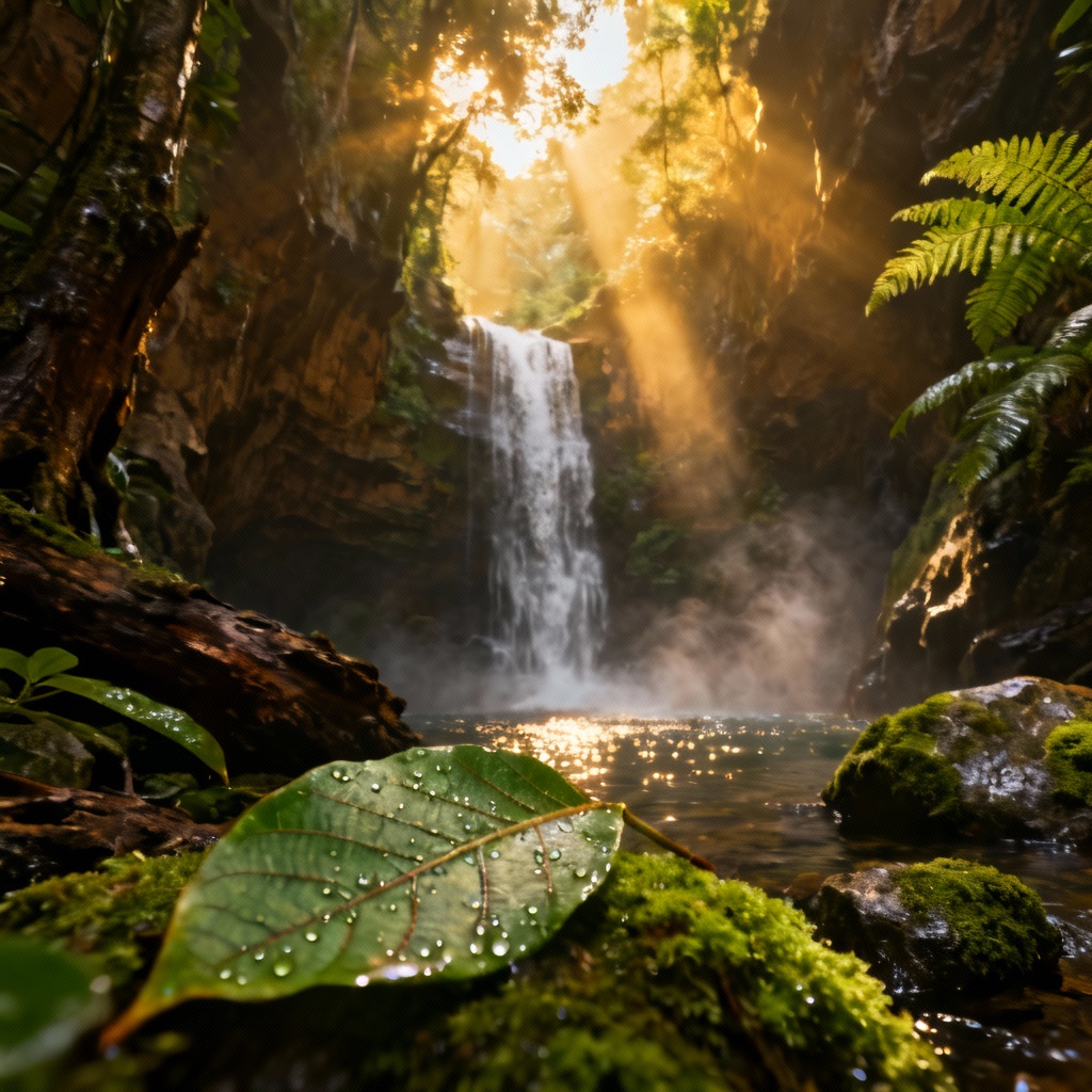 AI rainforest waterfall canyon with light beams