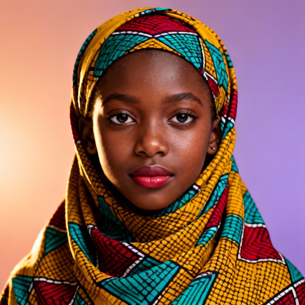 AI studio headshot of African Muslim girl in patterned hijab
