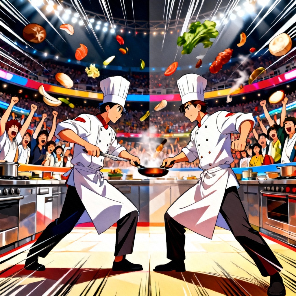 Anime cooking battle between two chefs in a stadium