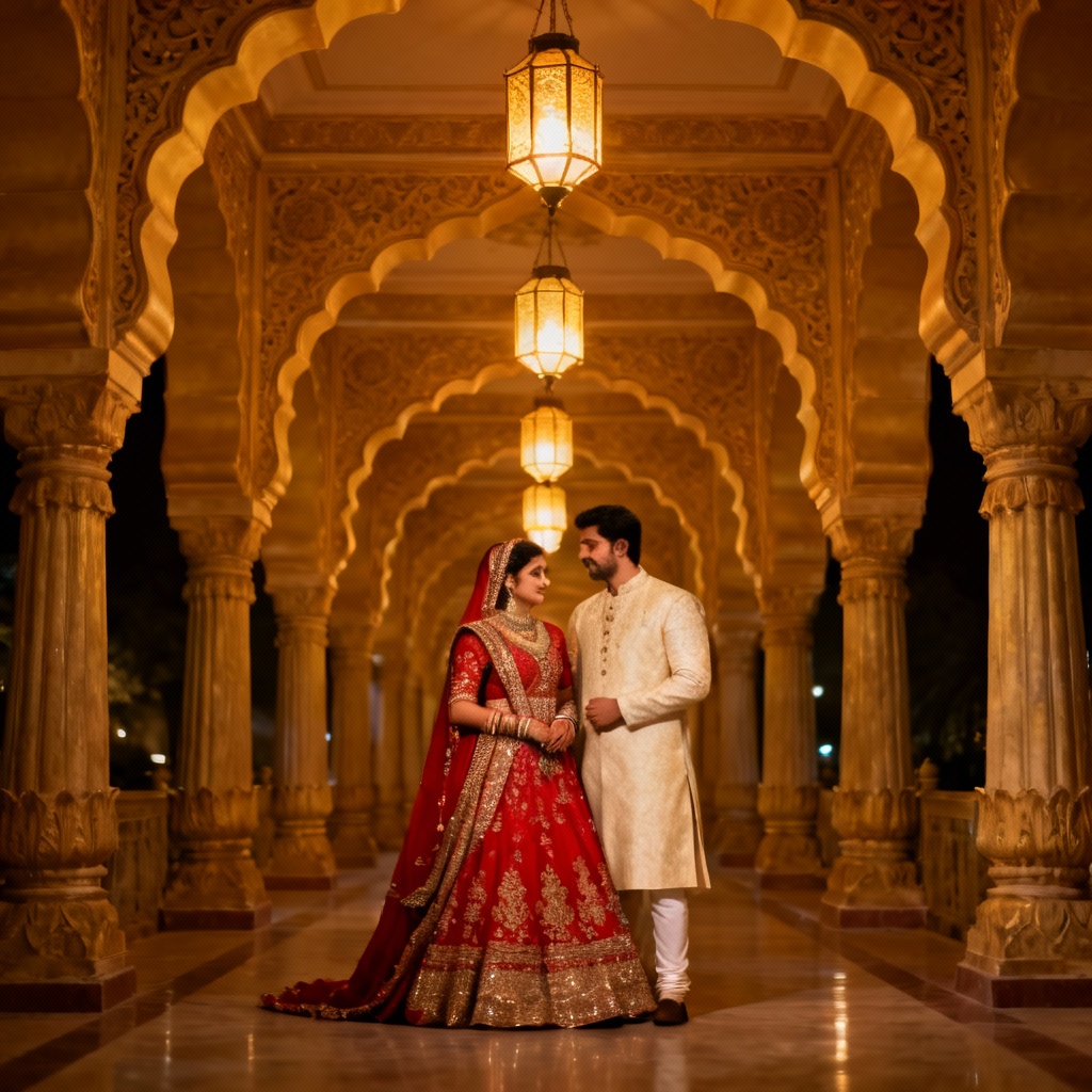 AI prewedding couple in royal palace corridor wearing traditional attire