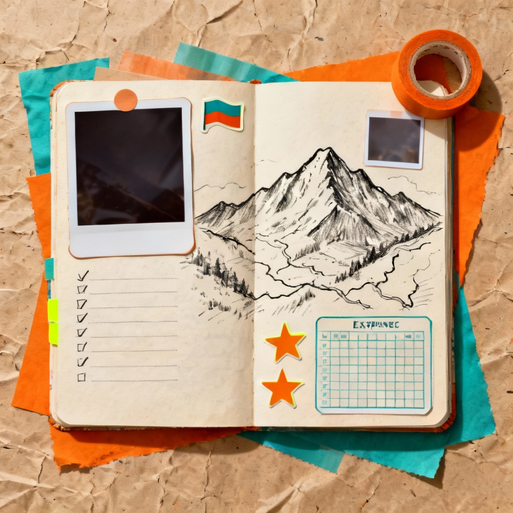 AI travel journal collage with map and photo placeholders