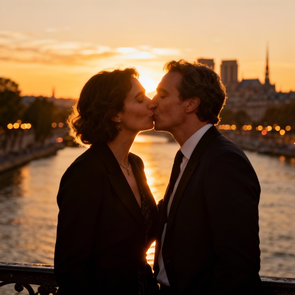 AI cinematic French kiss by the Seine at sunset