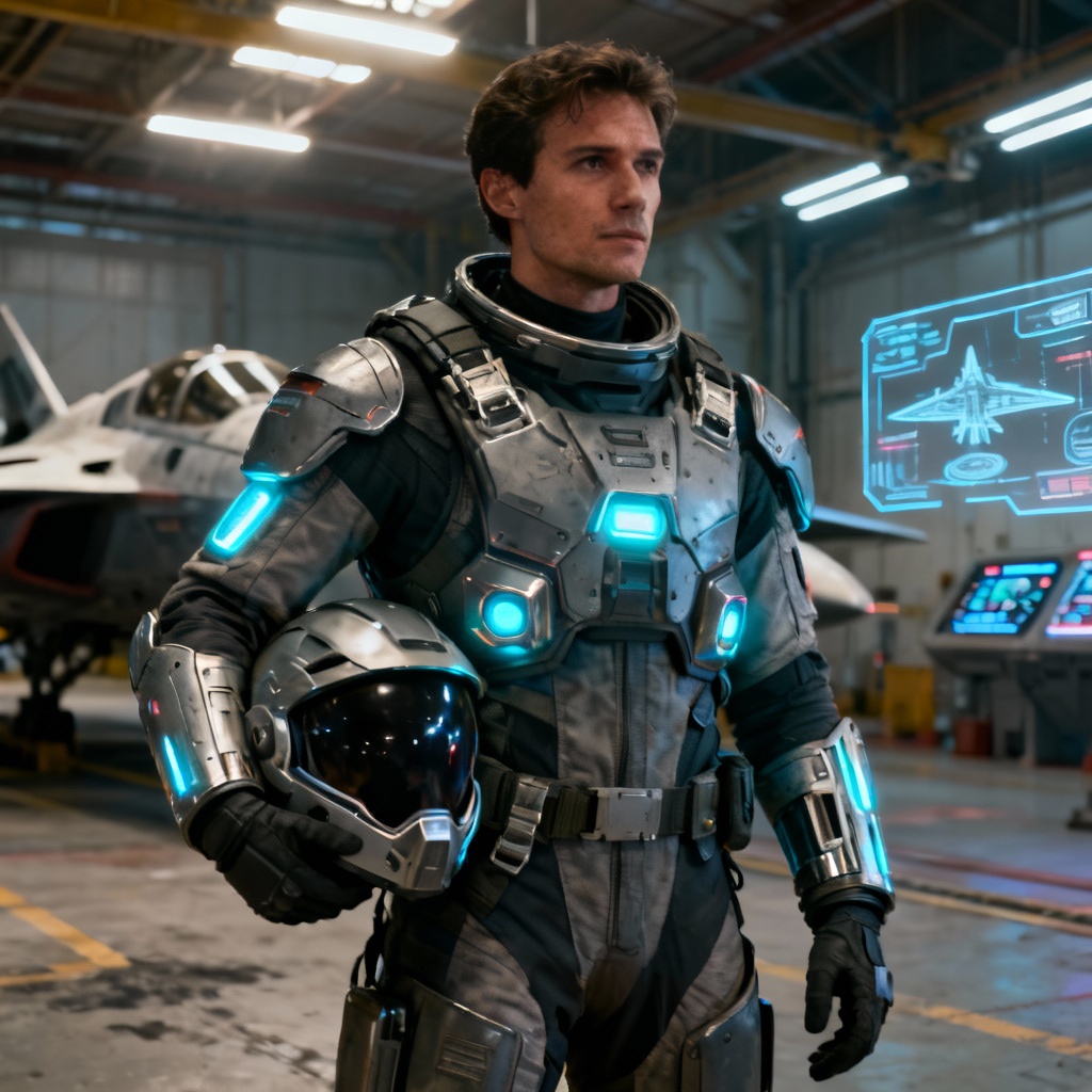 AI sci fi mech pilot with flight suit