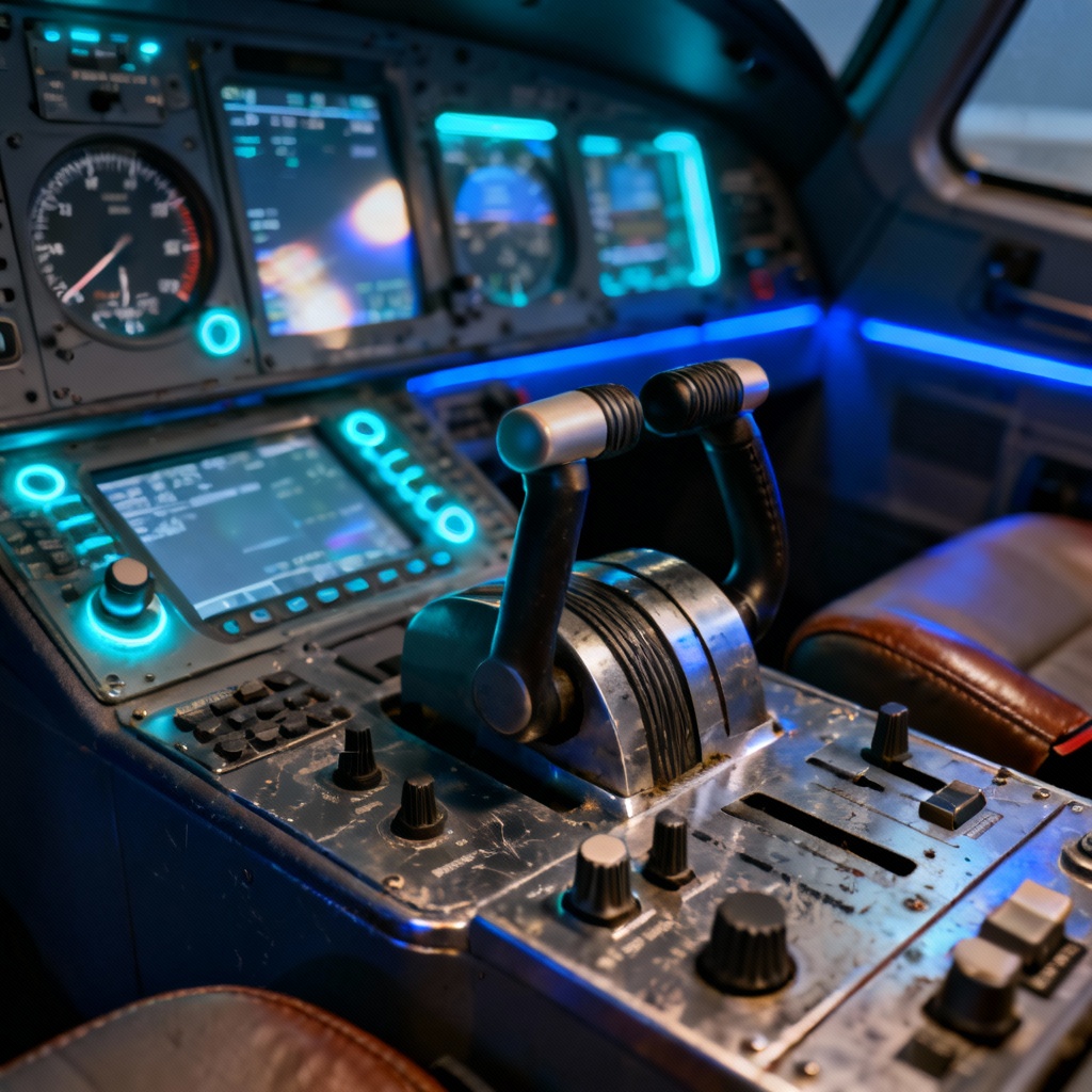 AI glass cockpit private jet with glowing avionics at night