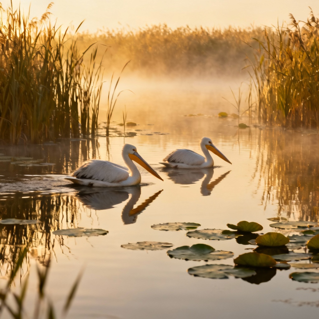 AI Danube Delta sunrise with pelicans