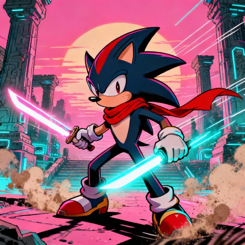 AI Sonic OC echidna cyber ninja in a techno temple