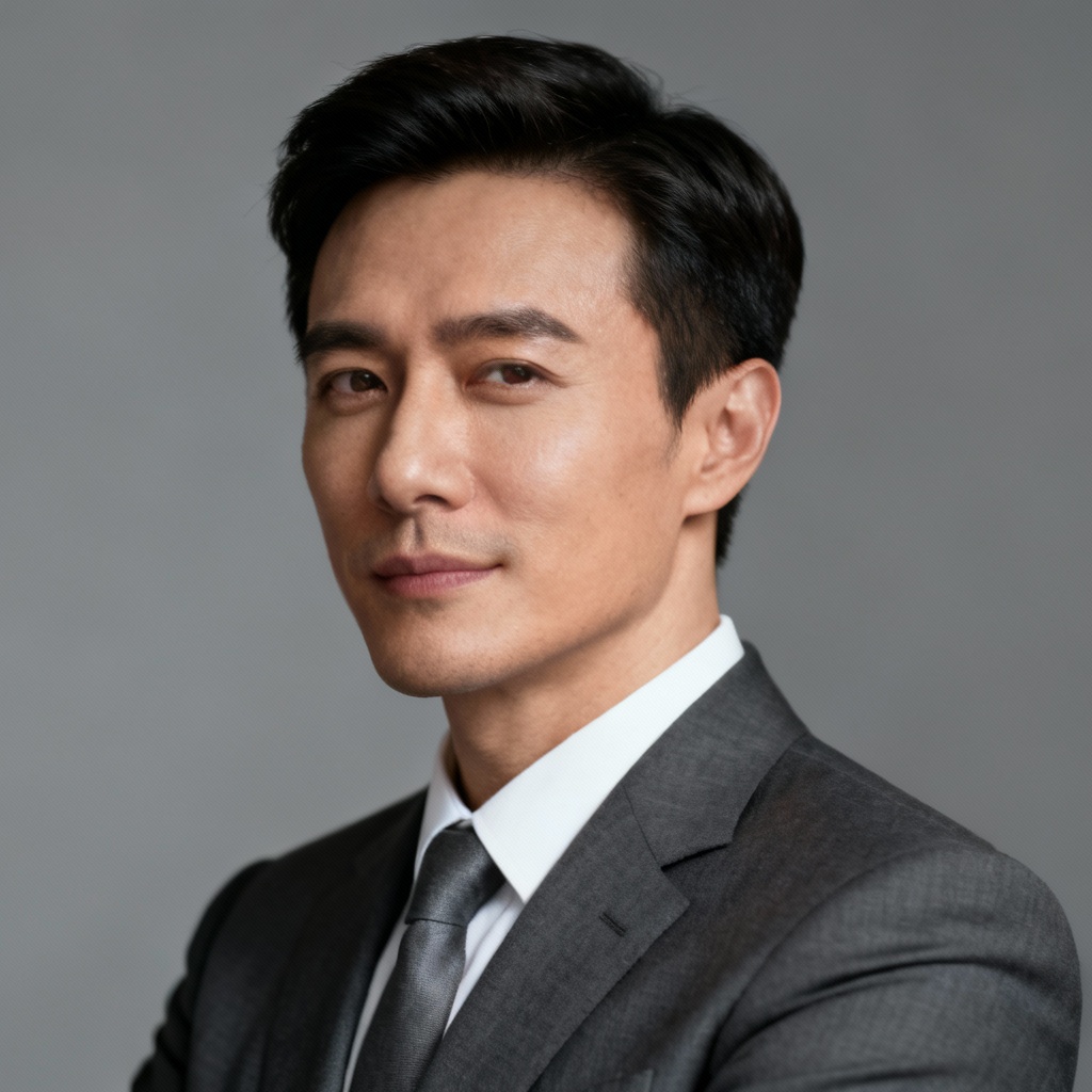 AI executive official portrait with neutral gray background and Rembrandt lighting
