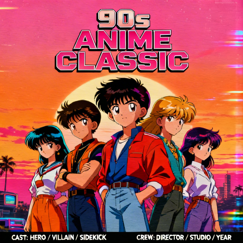 AI Retro VHS Anime Movie Poster with neon sunset