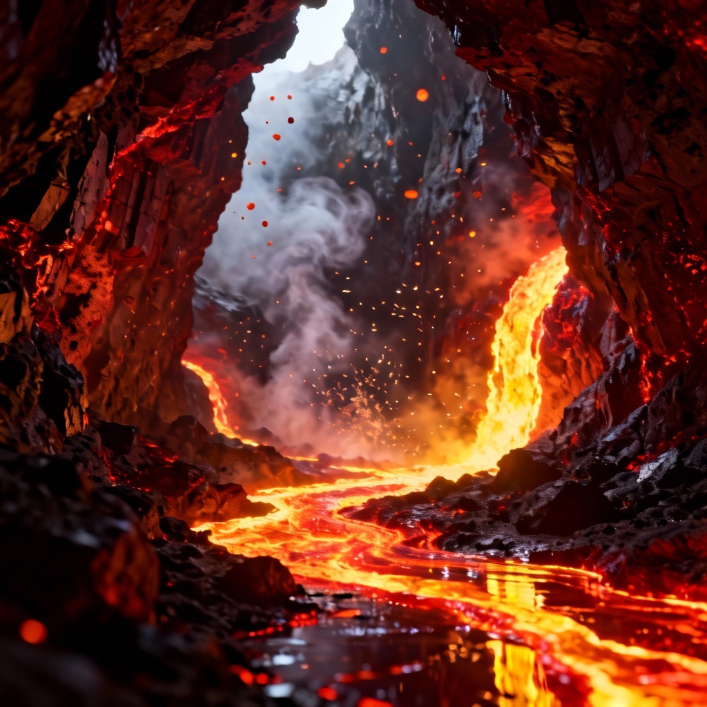 AI volcanic lava tube cave glowing with red lava rivers