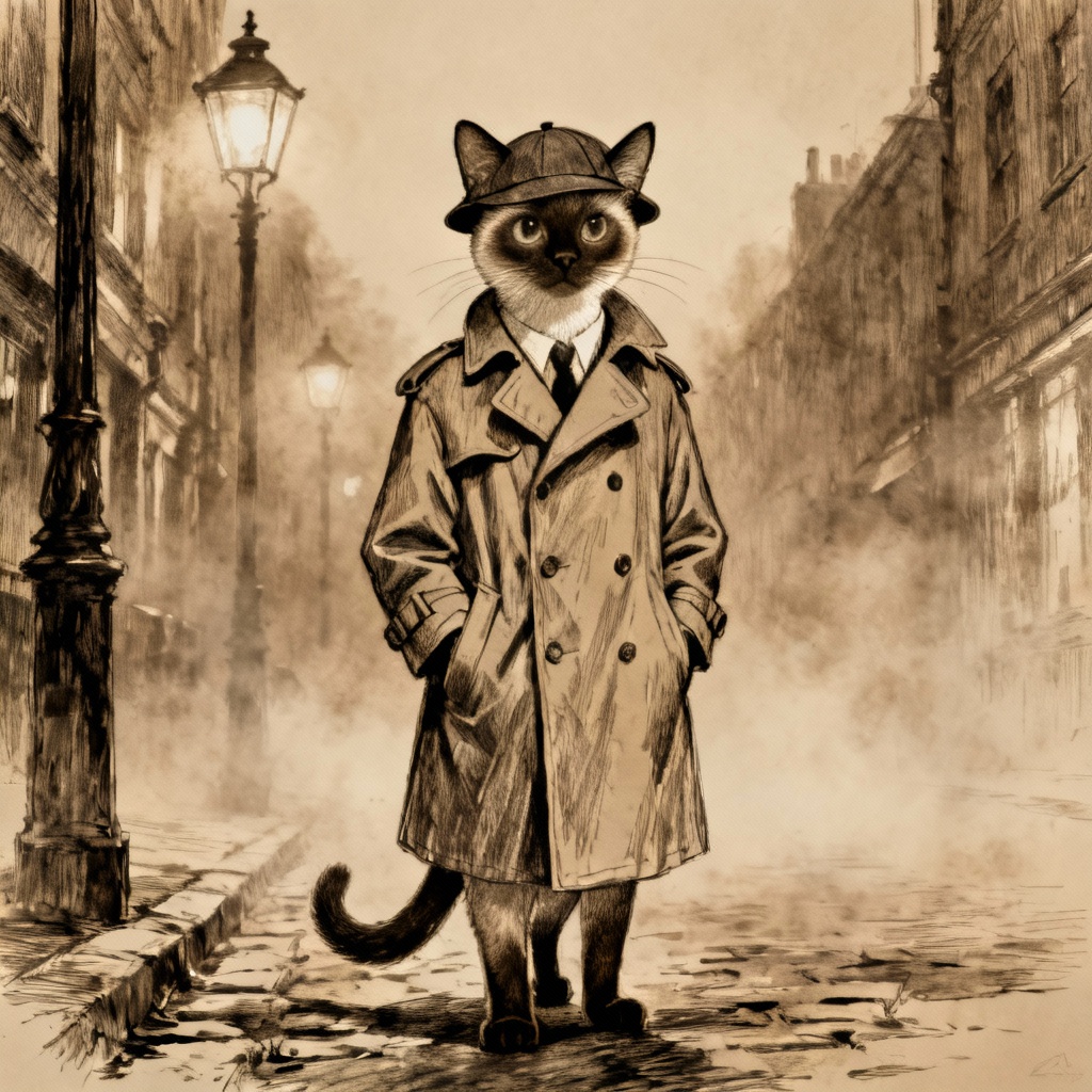 AI Victorian detective Siamese cat illustration