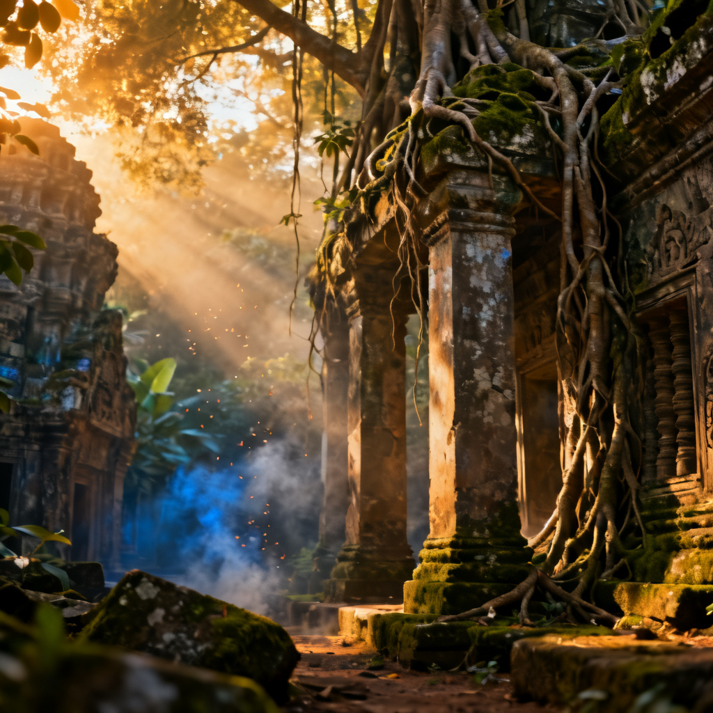 AI ancient Angkor temple at dawn with mist and jungle roots