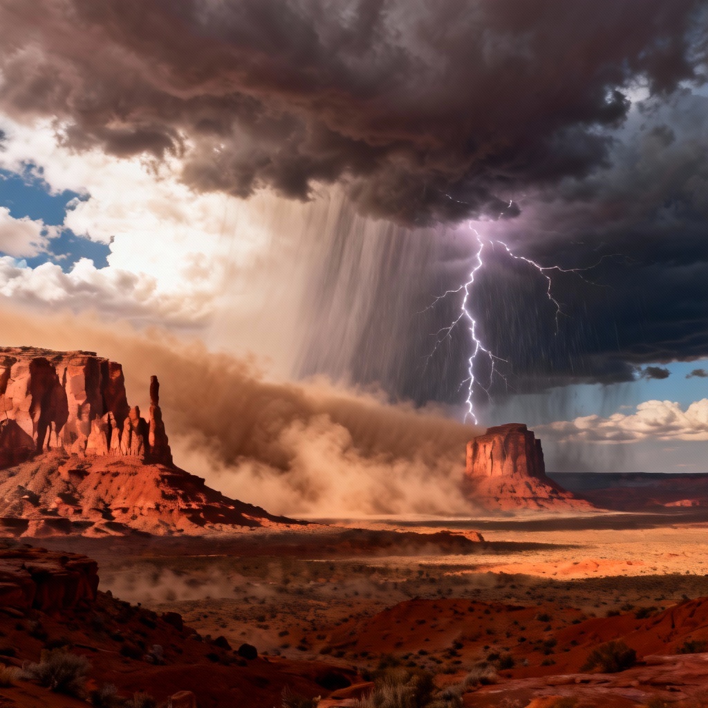 Lightning storm over red rock buttes in the desert