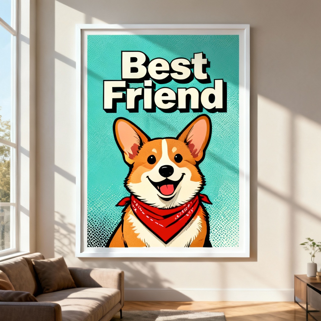 AI pet poster of a corgi in pop art style on a wall mockup