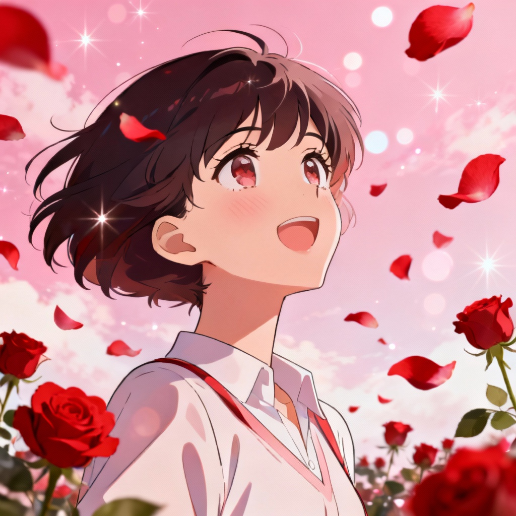 Anime-style falling rose petals with sparkles