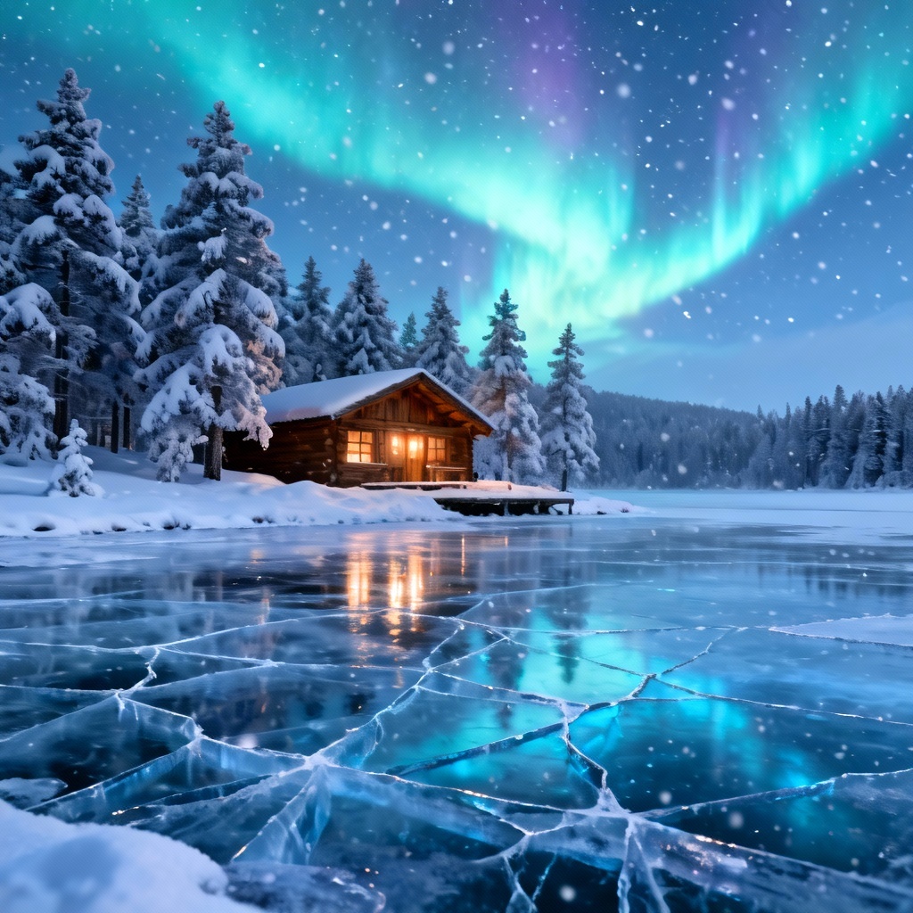 AI frozen lake with cabin and frosted trees