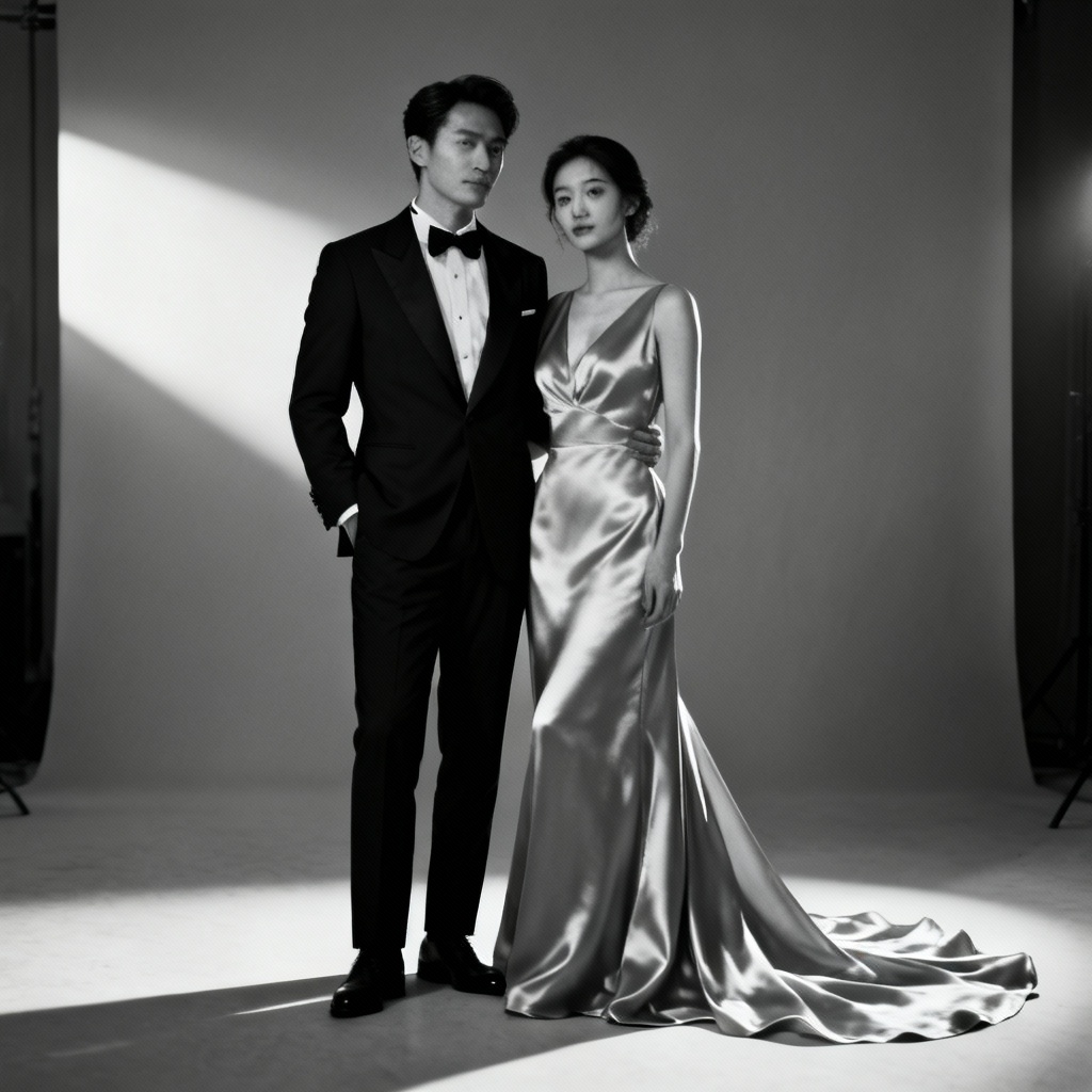 AI prewedding couple in classic black and white portrait