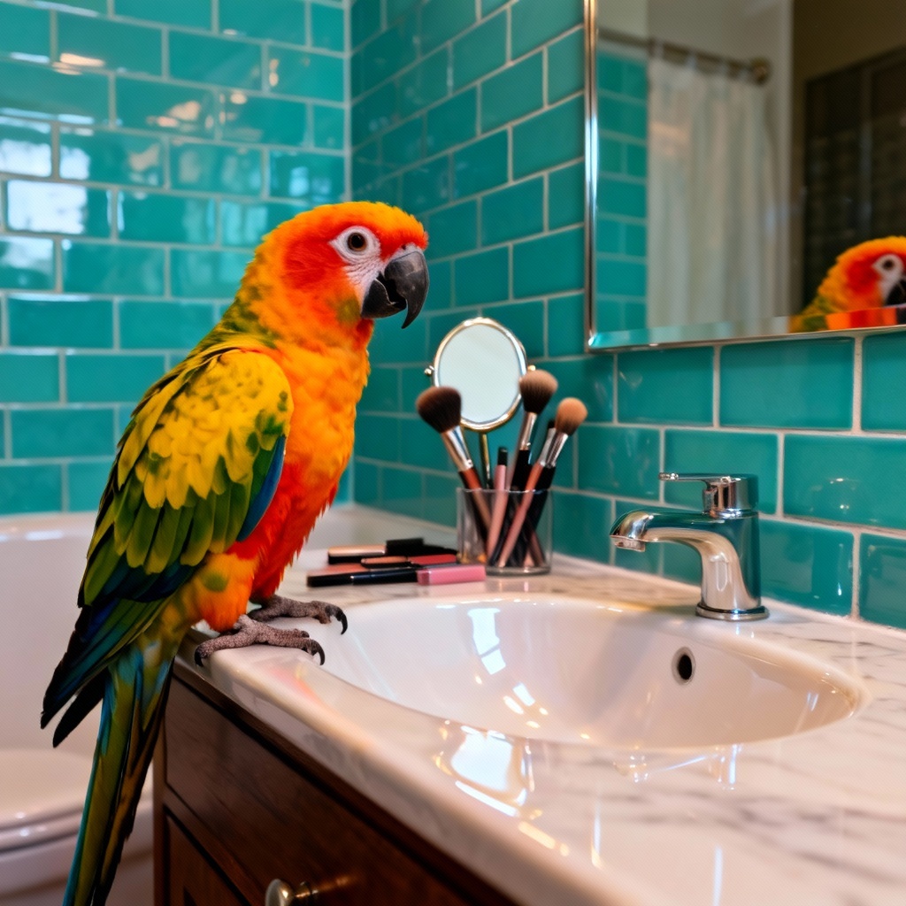 Colorful parrot perched on bathroom vanity portrait
