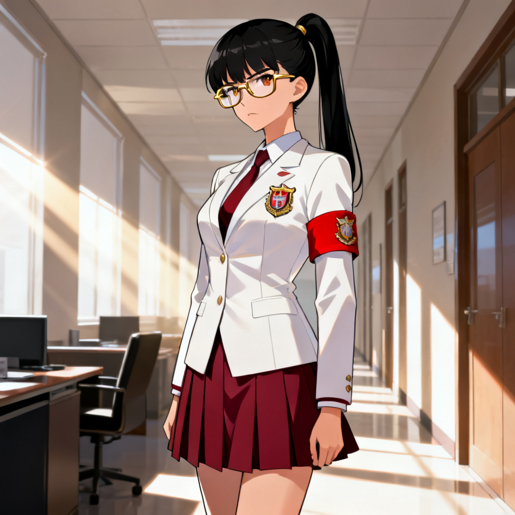 AI yan sim student council OC with sleek ponytail and badge