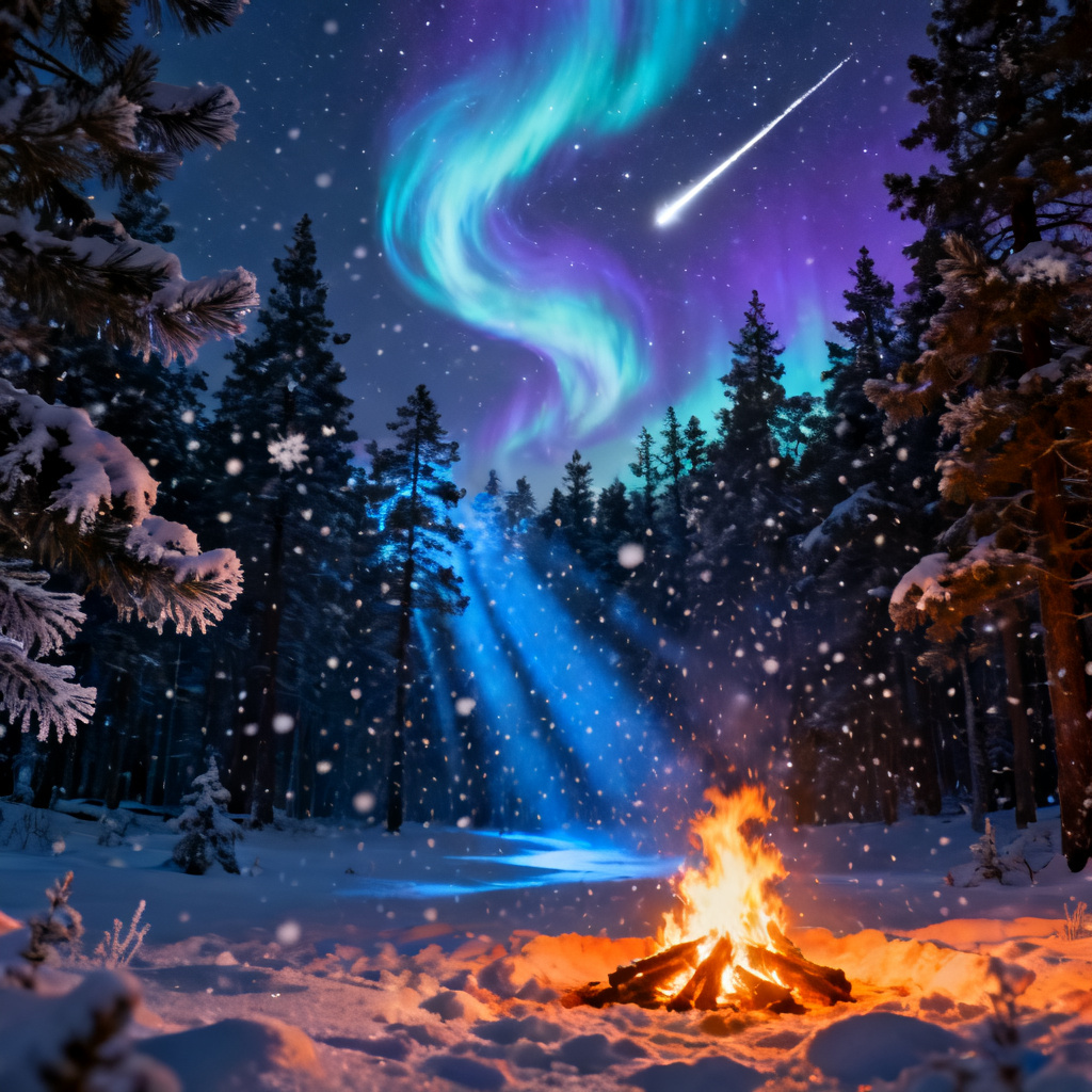 AI aurora glowing above a pine forest clearing