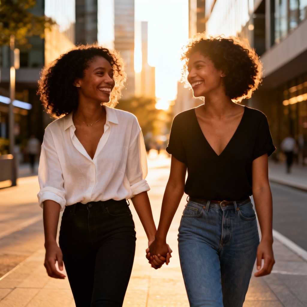 Romantic lesbian couple walking at sunset city street