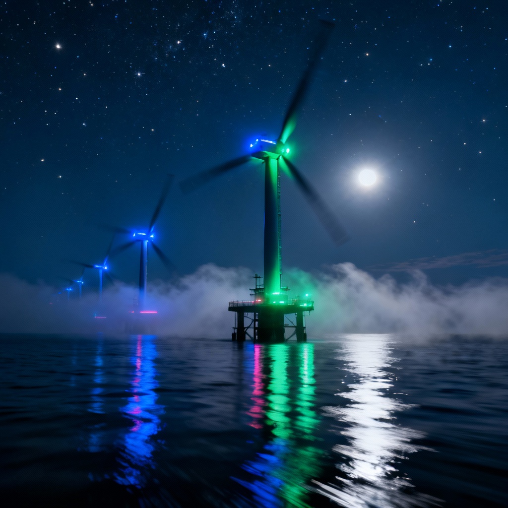 Futuristic night scene of an offshore wind farm
