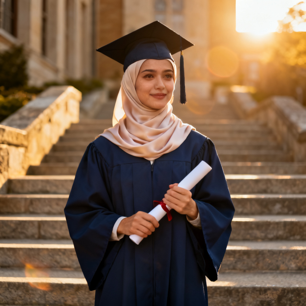 AI Hijab Graduation on Campus Stairs