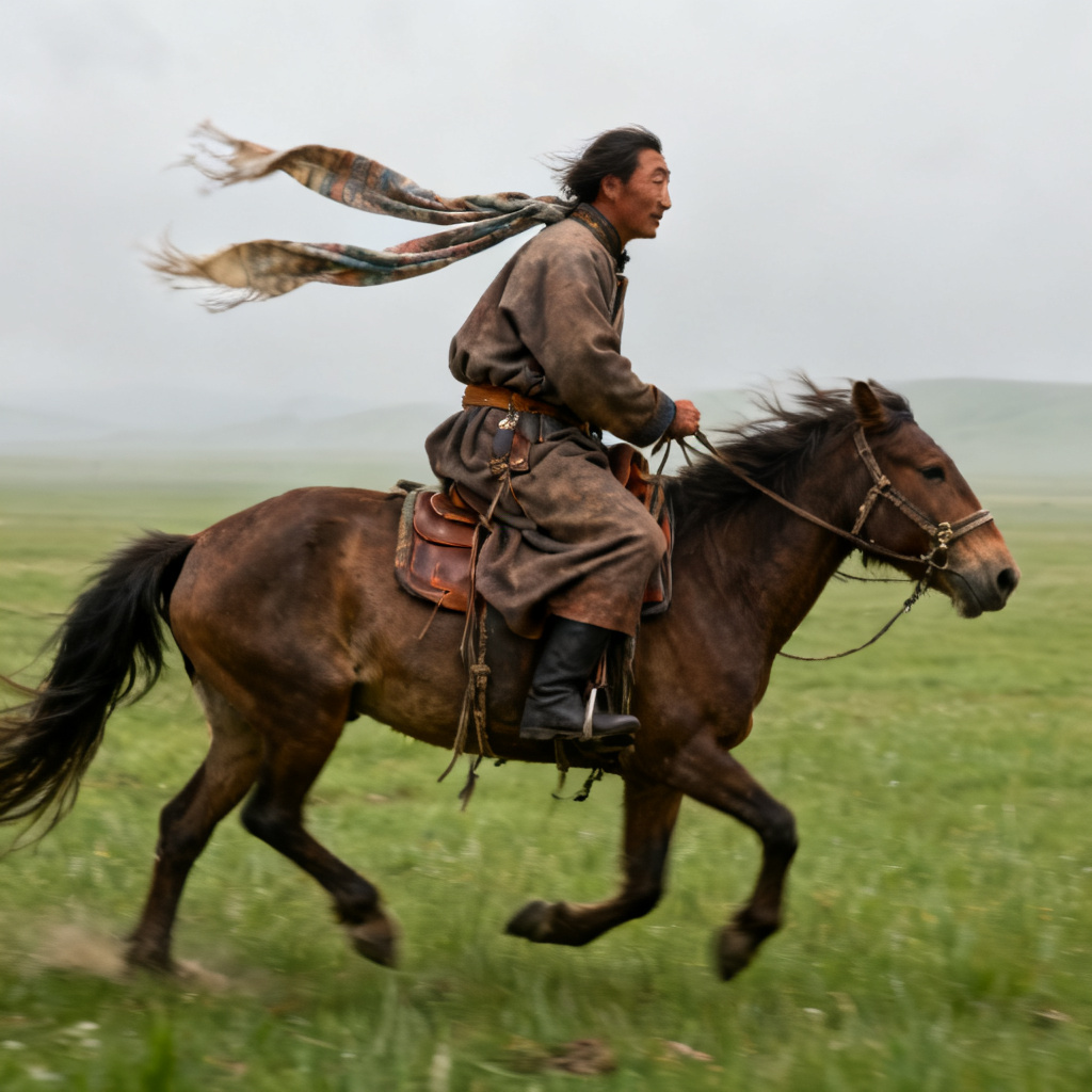 AI nomad riding a horse across open steppe
