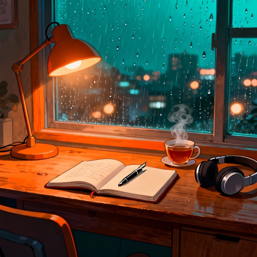 AI lofi study background with rainy window desk and warm lamp