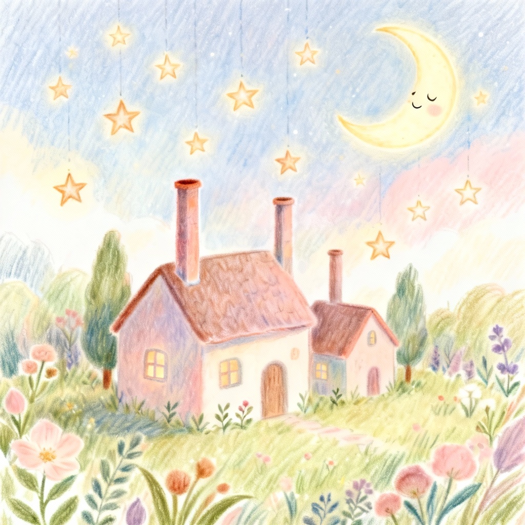 Pastel storybook town under a smiling moon in whimsical style
