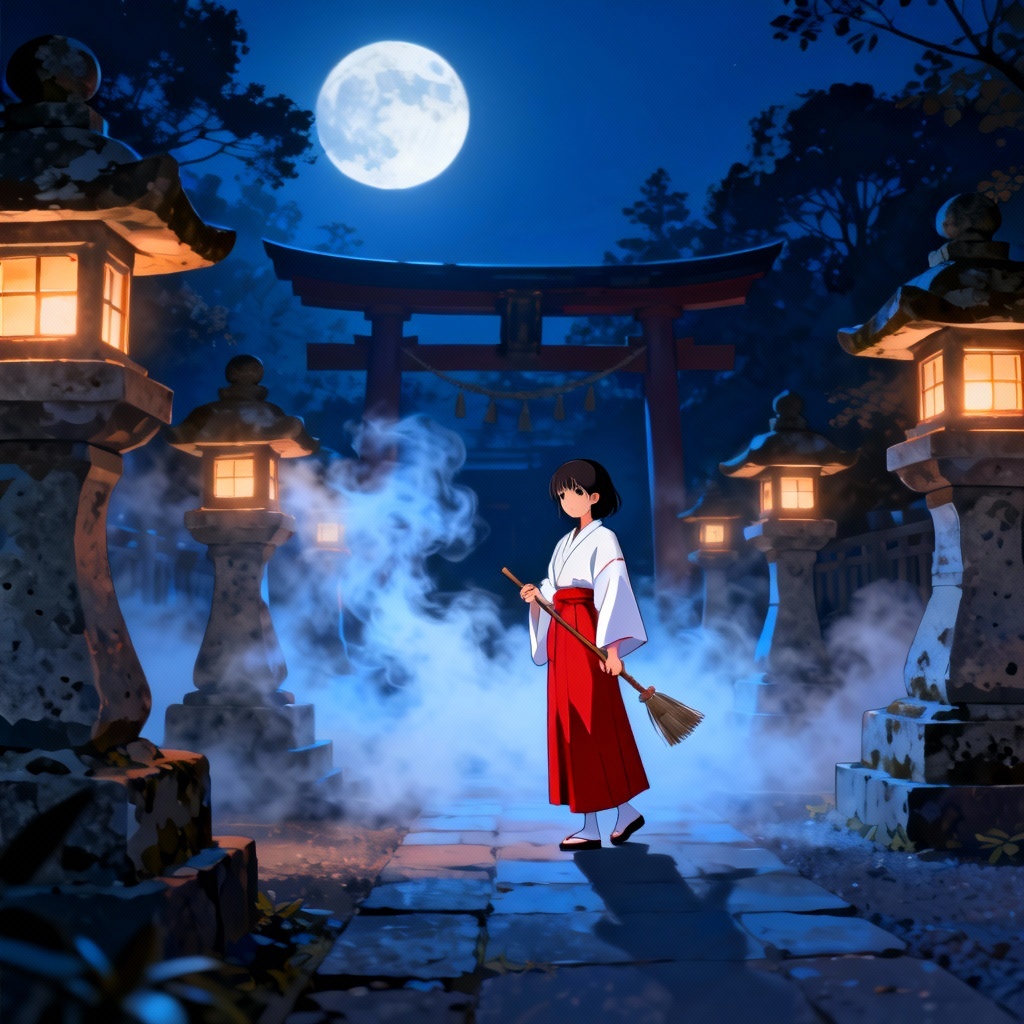 AI moonlit shrine maiden with lanterns in a shrine courtyard