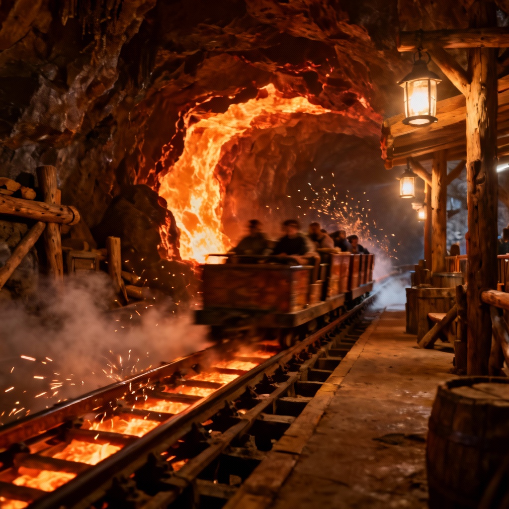 AI mine train coaster in a themed lava cavern dark ride