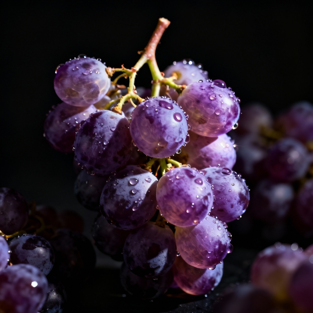 AI macro photo of dewy purple grapes against black background